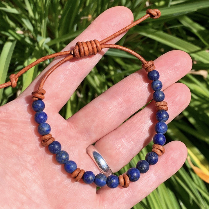 Lapis Lazuli and Rustic Brown Leather Bracelet. Smaller 5-6mm Matte Beads - SunlightSilver