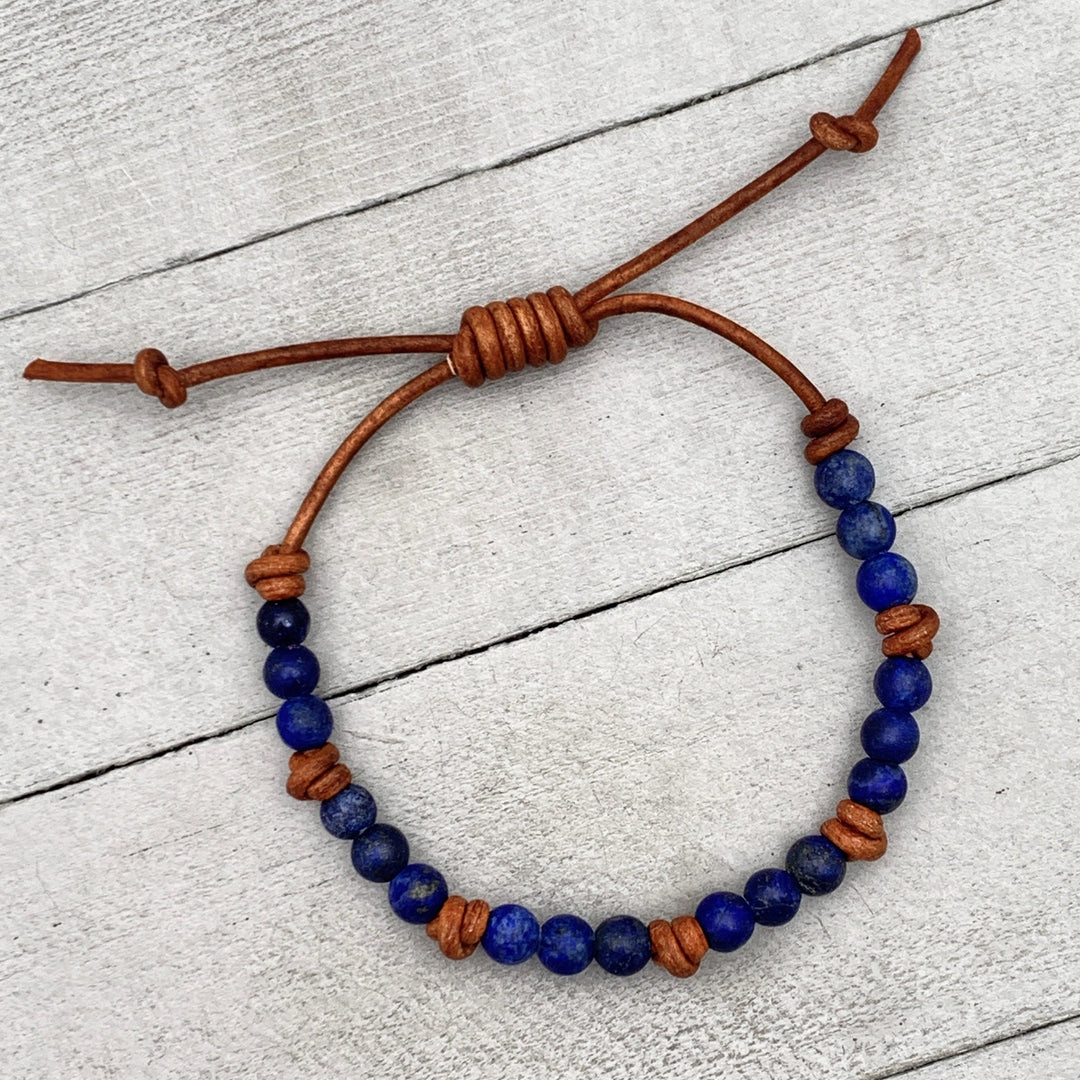 Lapis Lazuli and Rustic Brown Leather Bracelet. Smaller 5-6mm Matte Beads - SunlightSilver