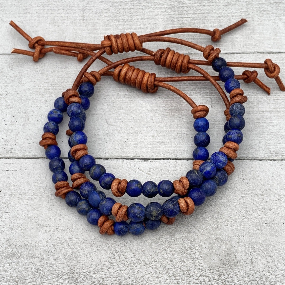 Lapis Lazuli and Rustic Brown Leather Bracelet. Smaller 5-6mm Matte Beads - SunlightSilver