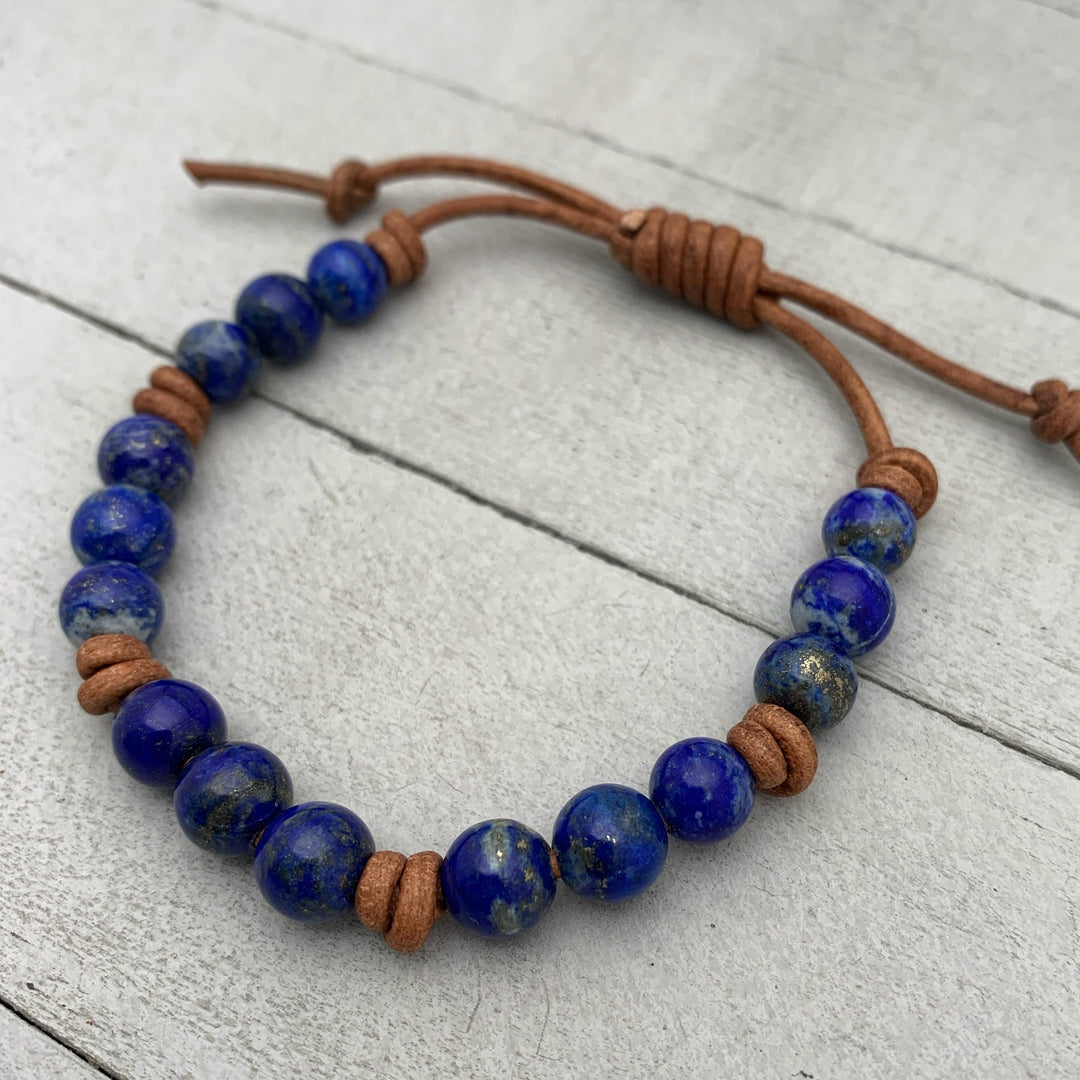 Lapis Lazuli and Rustic Brown Leather Bracelet - SunlightSilver