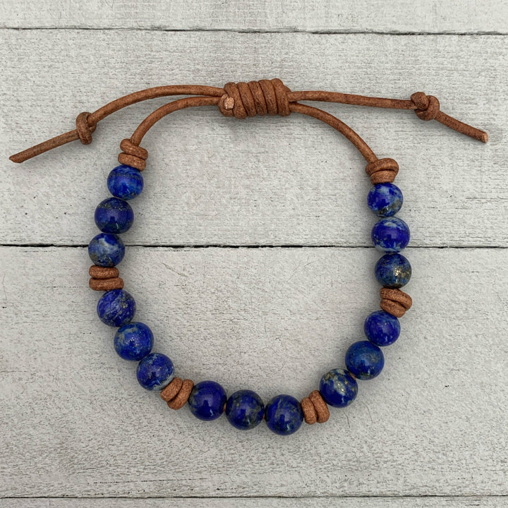 Lapis Lazuli and Rustic Brown Leather Bracelet - SunlightSilver