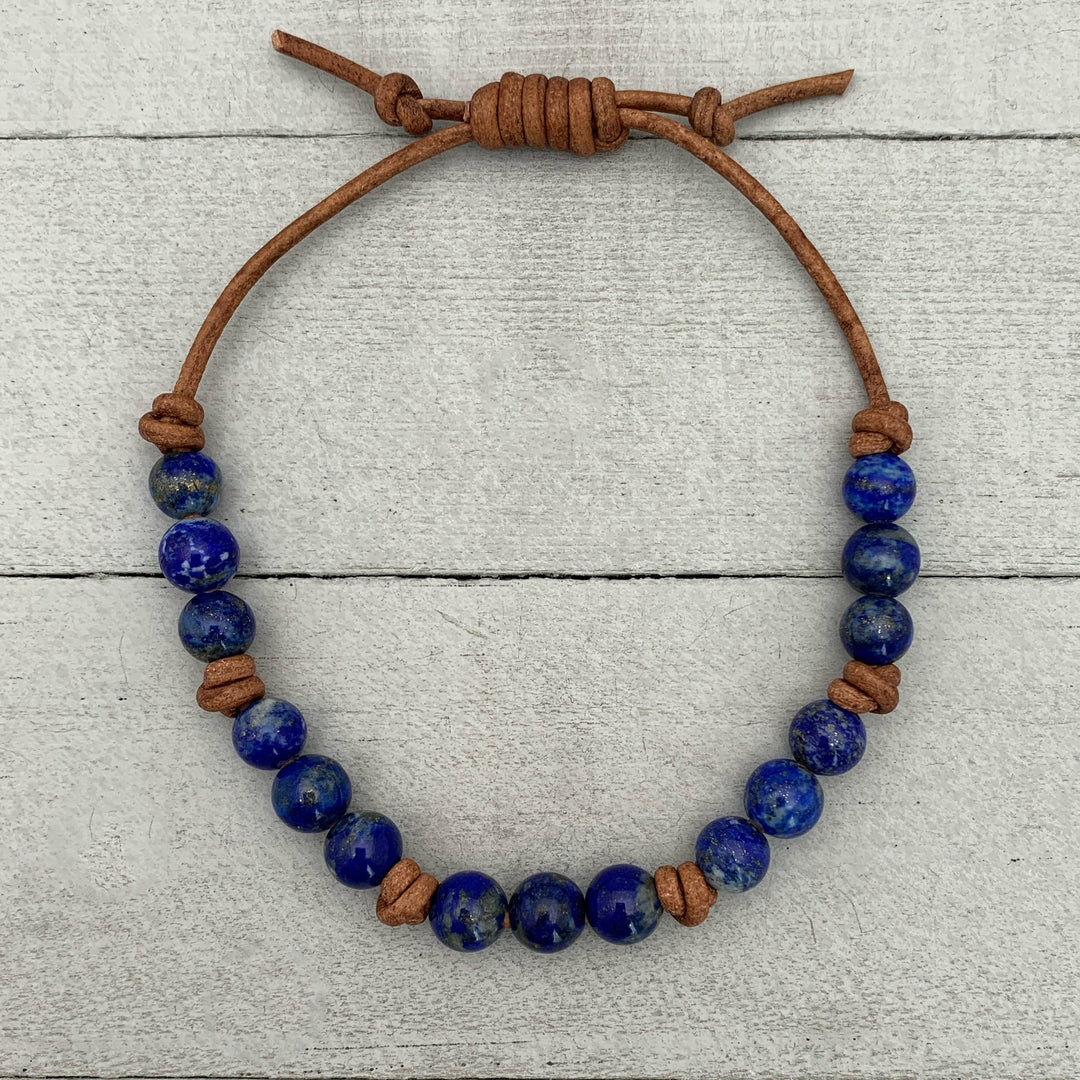 Lapis Lazuli and Rustic Brown Leather Bracelet - SunlightSilver