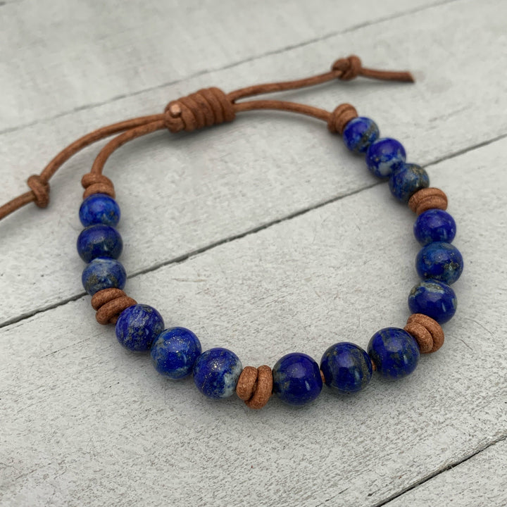 Lapis Lazuli and Rustic Brown Leather Bracelet - SunlightSilver