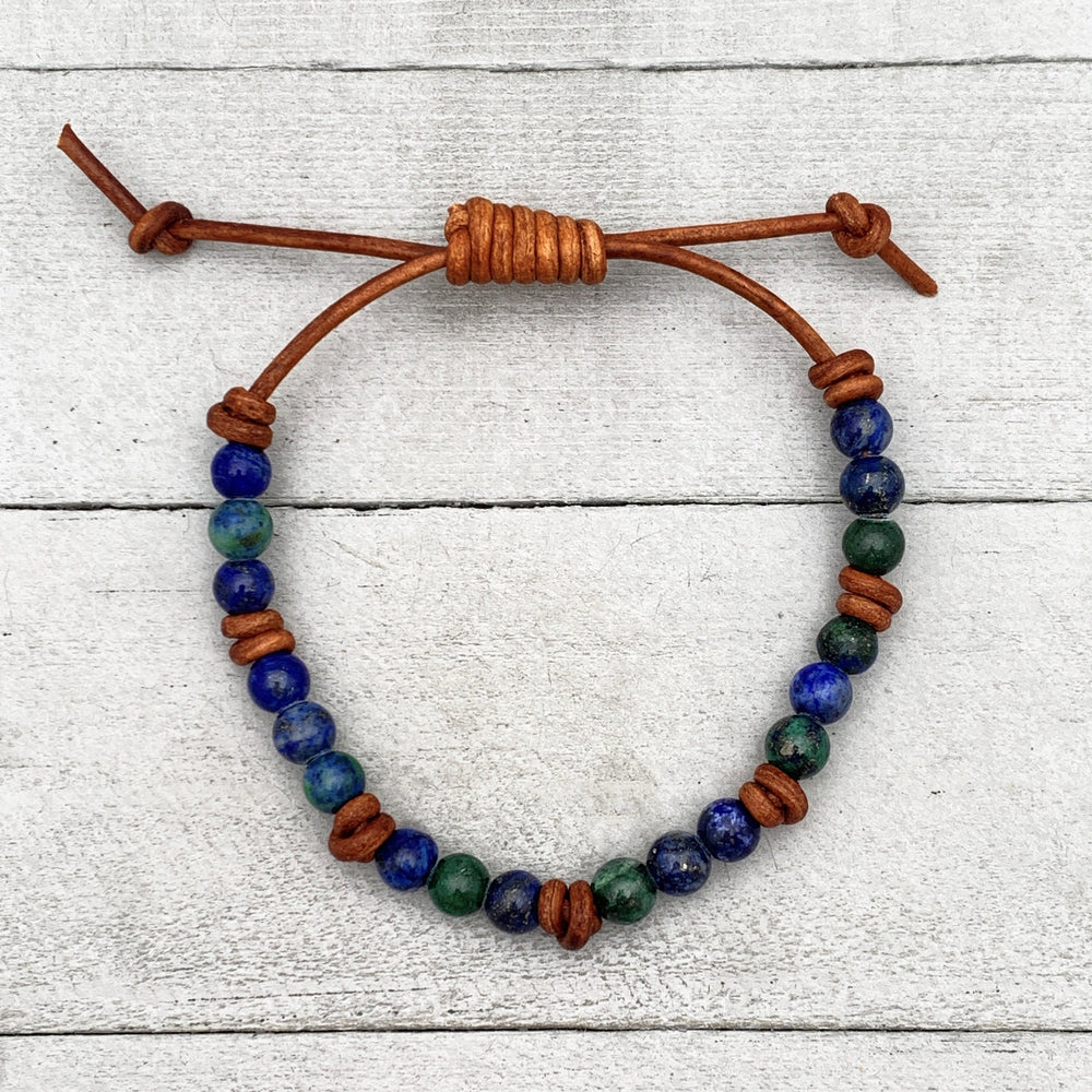 Lapis Malachite Gemstone and Rustic Brown Leather Bracelet - SunlightSilver