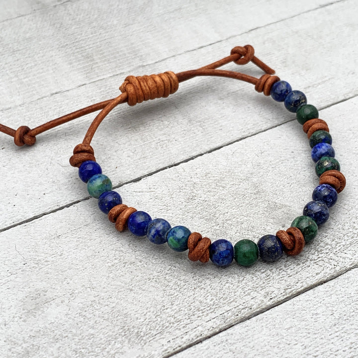 Lapis Malachite Gemstone and Rustic Brown Leather Bracelet - SunlightSilver