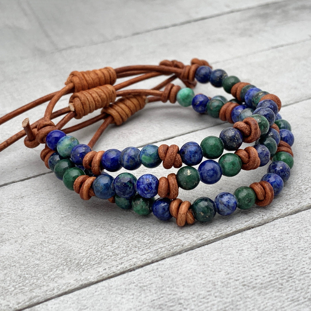 Lapis Malachite Gemstone and Rustic Brown Leather Bracelet - SunlightSilver