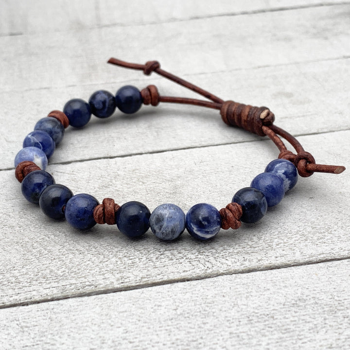 Sodalite Gemstone and Rustic Brown Leather Stacking Bracelet - SunlightSilver