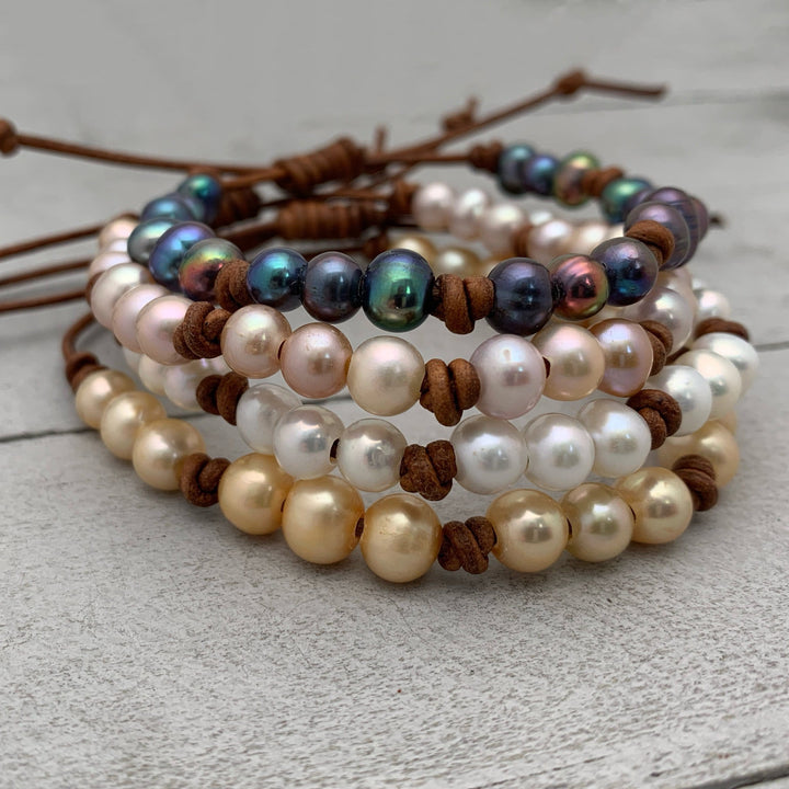 Leather and Pearl Stacking Bracelets - SunlightSilver