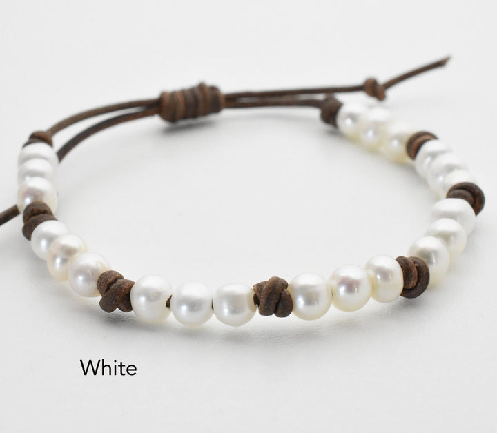 Leather and Pearl Stacking Bracelets - SunlightSilver