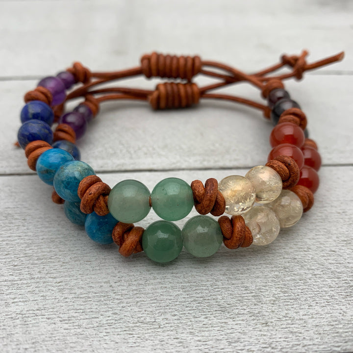 7 Chakra Gemstone Crystal Leather Bracelet. Amethyst, Lapis, Apatite, Aventurine, Citrine, Carnelian and Garnet - SunlightSilver