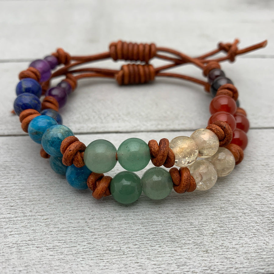 7 Chakra Gemstone Crystal Leather Bracelet. Amethyst, Lapis, Apatite, Aventurine, Citrine, Carnelian and Garnet - SunlightSilver