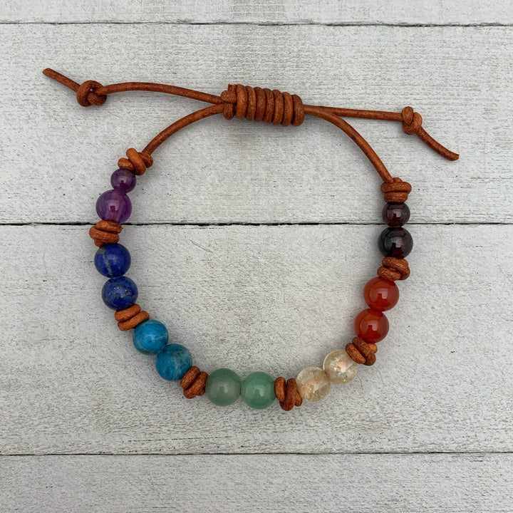 7 Chakra Gemstone Crystal Leather Bracelet. Amethyst, Lapis, Apatite, Aventurine, Citrine, Carnelian and Garnet - SunlightSilver