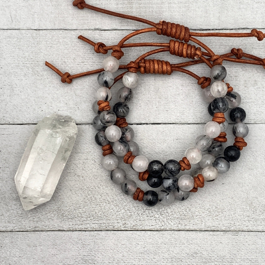 Black and White Rutilated Quartz Leather Bracelet – Boho Adjustable Crystal Jewelry - Unisex Gift For Him or Her - SunlightSilver