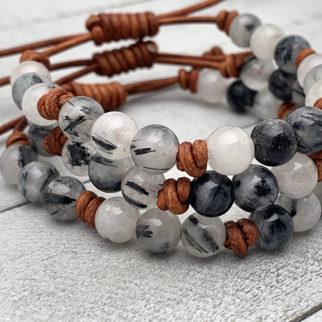 Black and White Rutilated Quartz Leather Bracelet – Boho Adjustable Crystal Jewelry - Unisex Gift For Him or Her - SunlightSilver