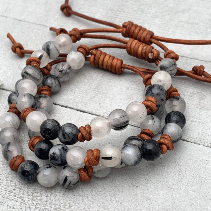 Black and White Rutilated Quartz Leather Bracelet – Boho Adjustable Crystal Jewelry - Unisex Gift For Him or Her - SunlightSilver