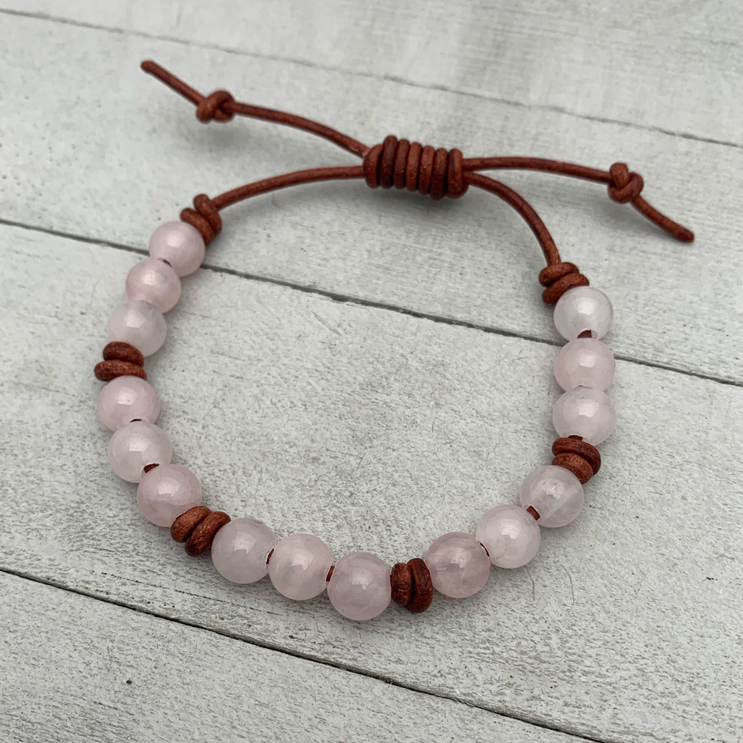 Rose Quartz Crystal and Leather Gemstone Stacking Bracelet - SunlightSilver