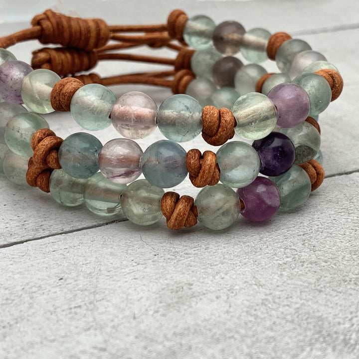 Fluorite Crystal and Rustic Brown Leather Gemstone Stacking Bracelet - SunlightSilver