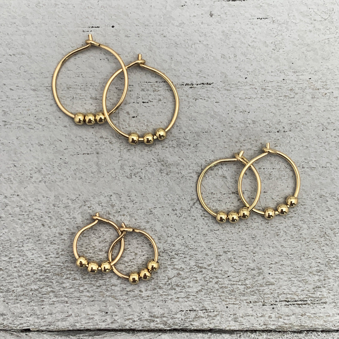 Small 14k Yellow Gold Fill Hoop Earrings with 3 Beads - Minimalist Everyday 24-7 Hoop Earrings - SunlightSilver