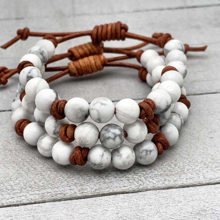 Howlite Gemstone and Rustic Brown Leather Stacking Crystal Bracelet - SunlightSilver