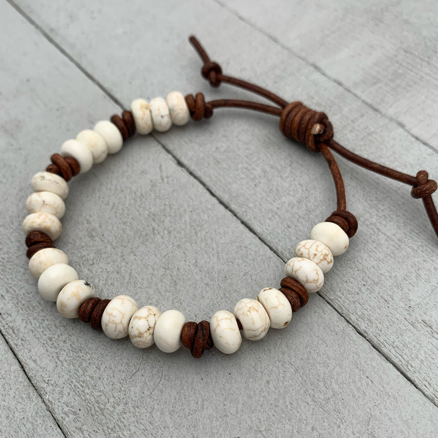 White Magnesite Gemstone and Rustic Brown Leather Stacking Crystal Bracelet - SunlightSilver