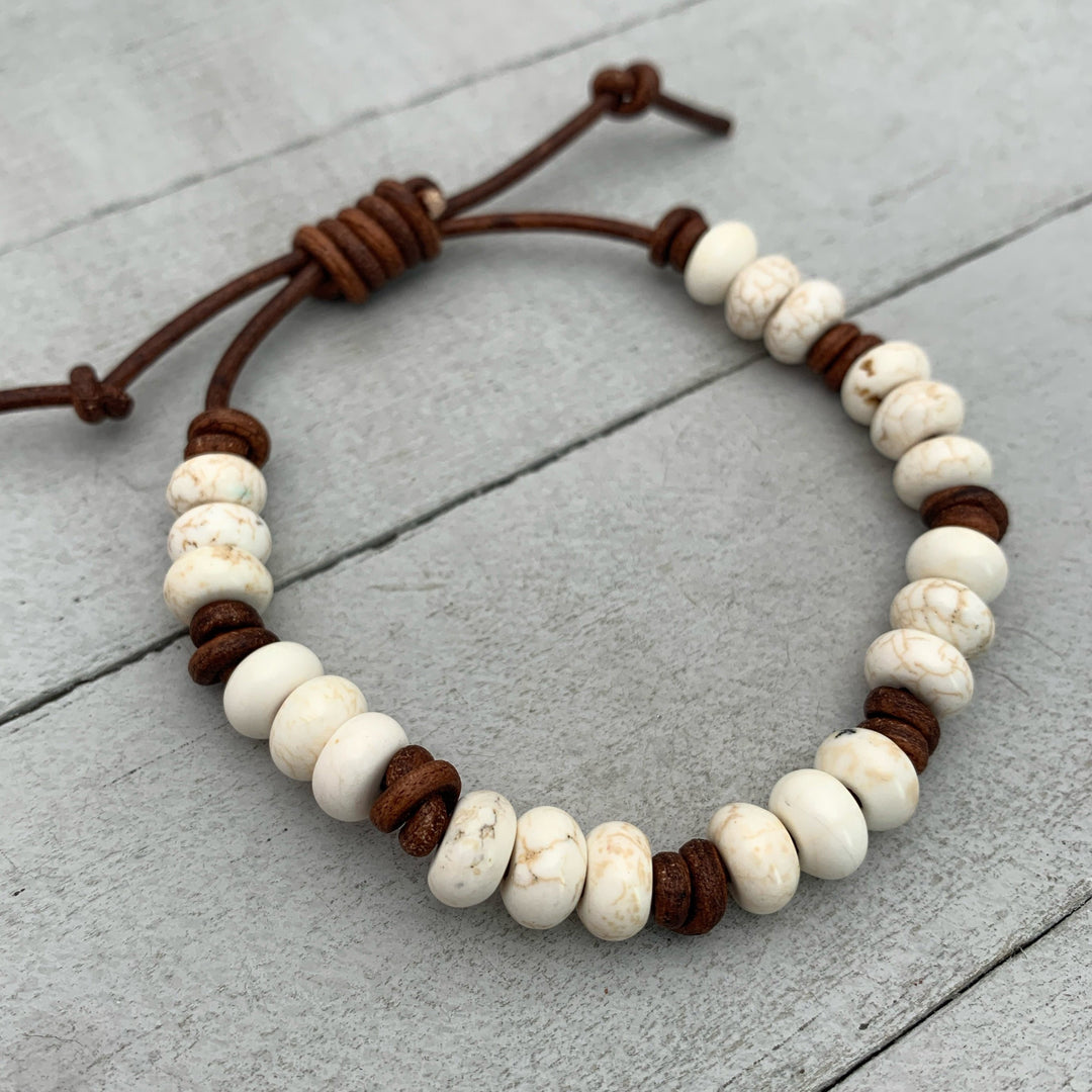 White Magnesite Gemstone and Rustic Brown Leather Stacking Crystal Bracelet - SunlightSilver