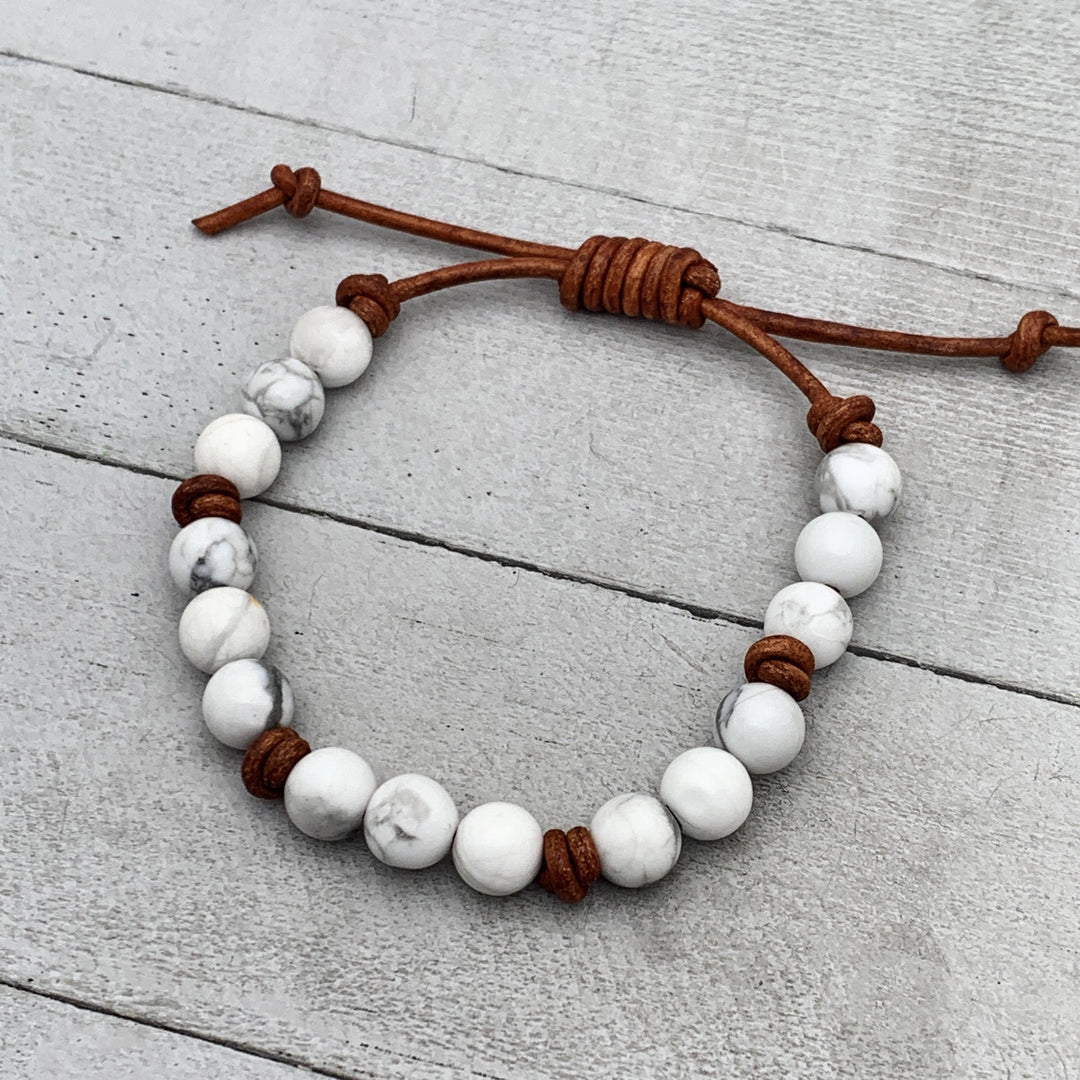 Howlite Gemstone and Rustic Brown Leather Stacking Crystal Bracelet - SunlightSilver