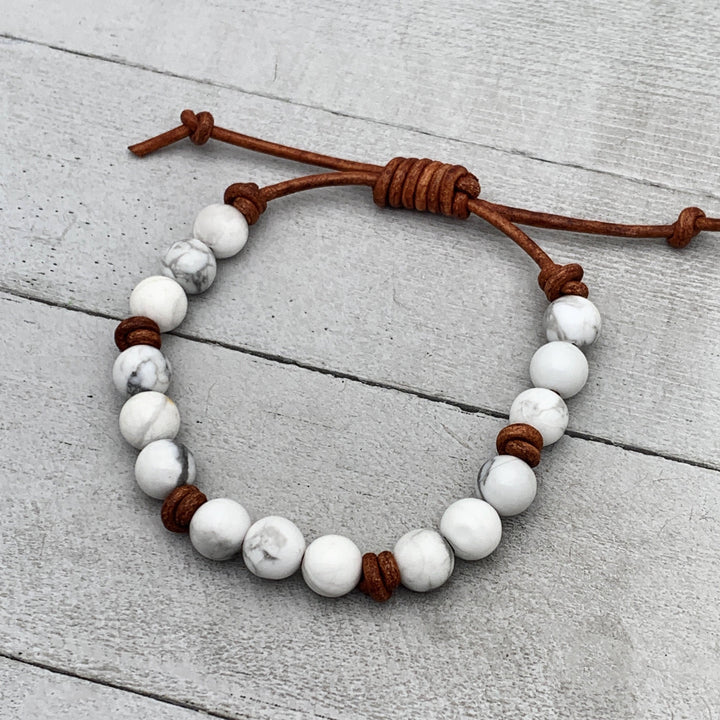 Howlite Gemstone and Rustic Brown Leather Stacking Crystal Bracelet - SunlightSilver