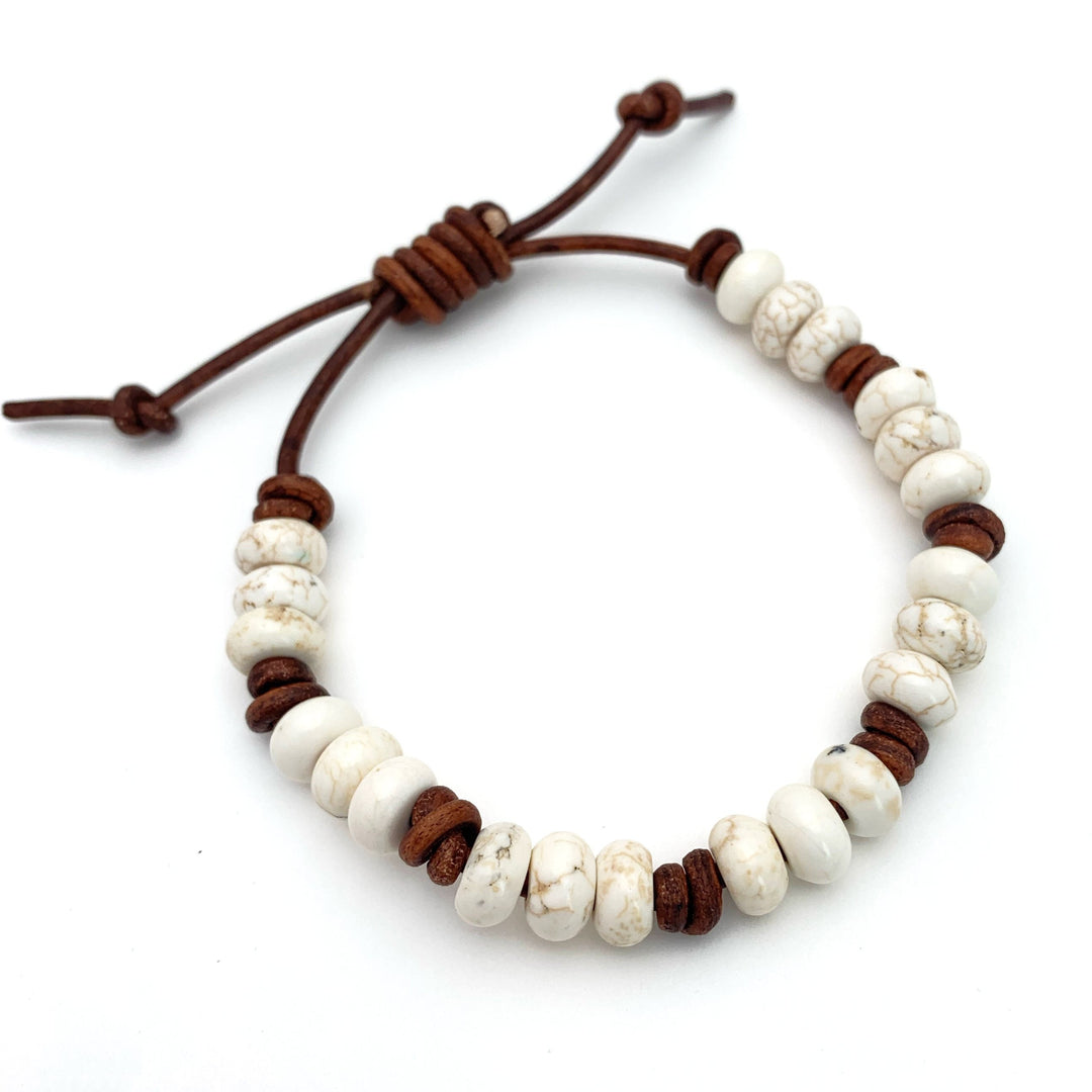 White Magnesite Gemstone and Rustic Brown Leather Stacking Crystal Bracelet - SunlightSilver