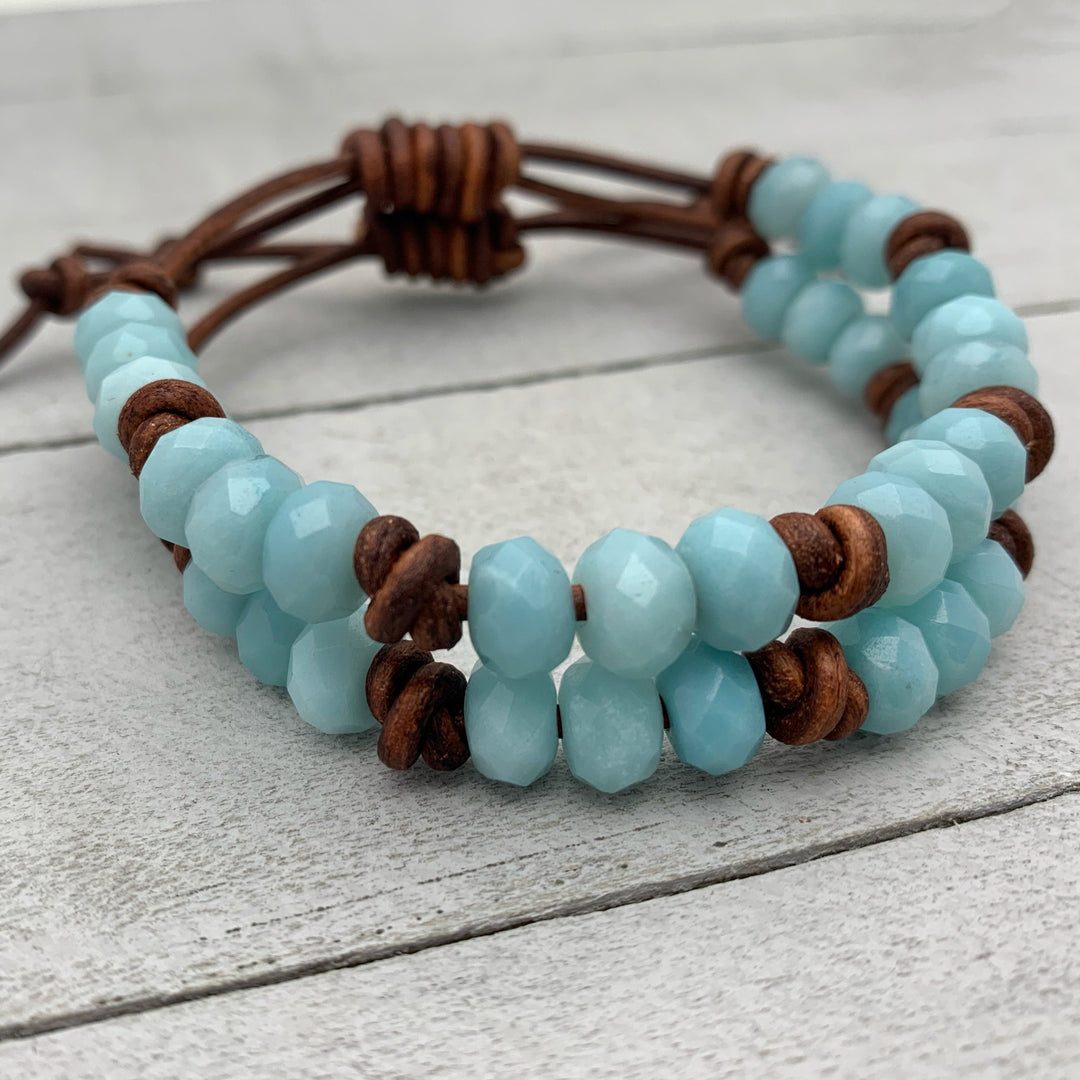 Amazonite and Rustic Brown Leather Bracelet - SunlightSilver