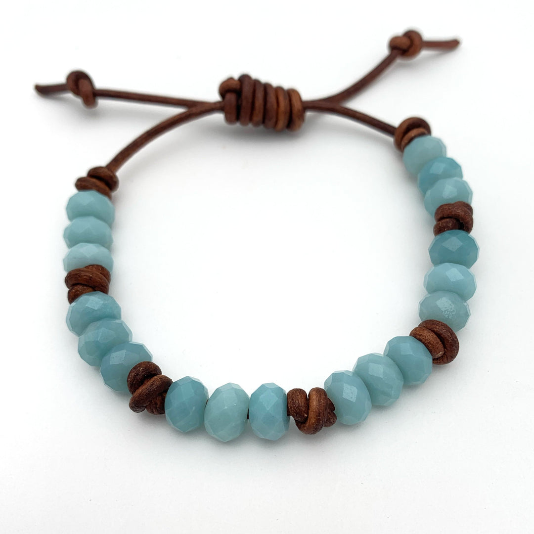 Amazonite and Rustic Brown Leather Bracelet - SunlightSilver