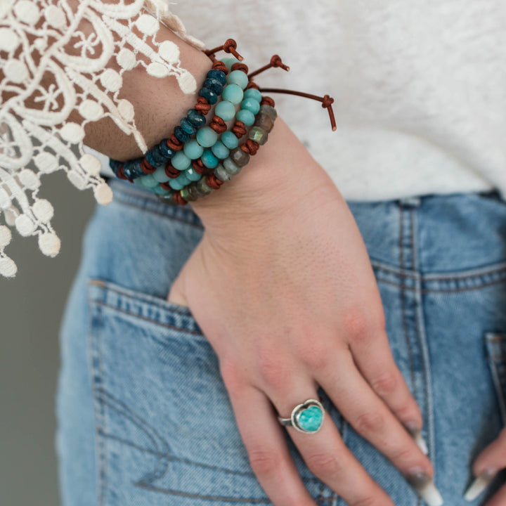 Amazonite and Rustic Brown Leather Bracelet - SunlightSilver