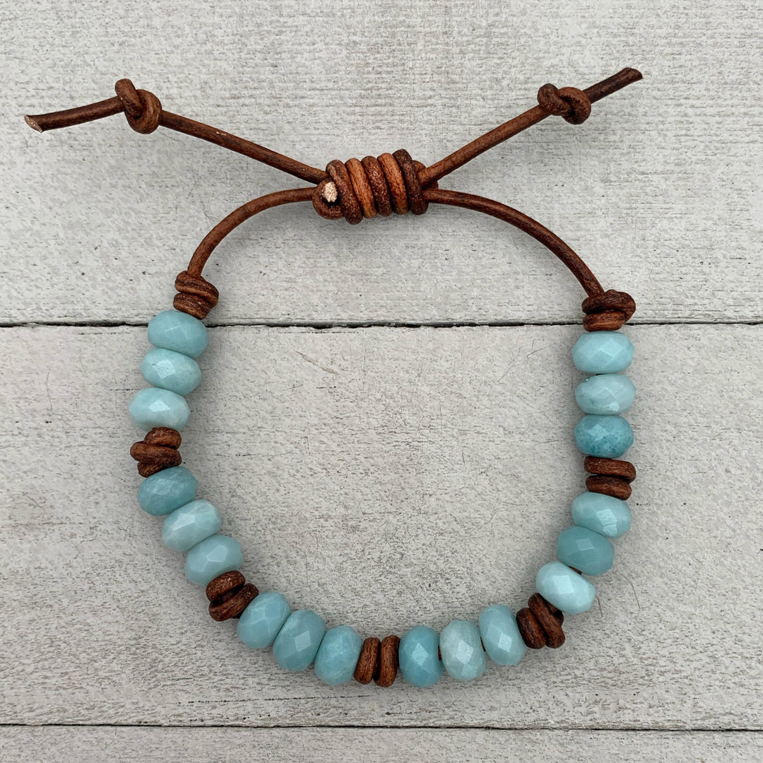 Amazonite and Rustic Brown Leather Bracelet - SunlightSilver