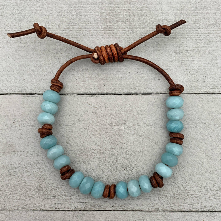 Amazonite and Rustic Brown Leather Bracelet - SunlightSilver