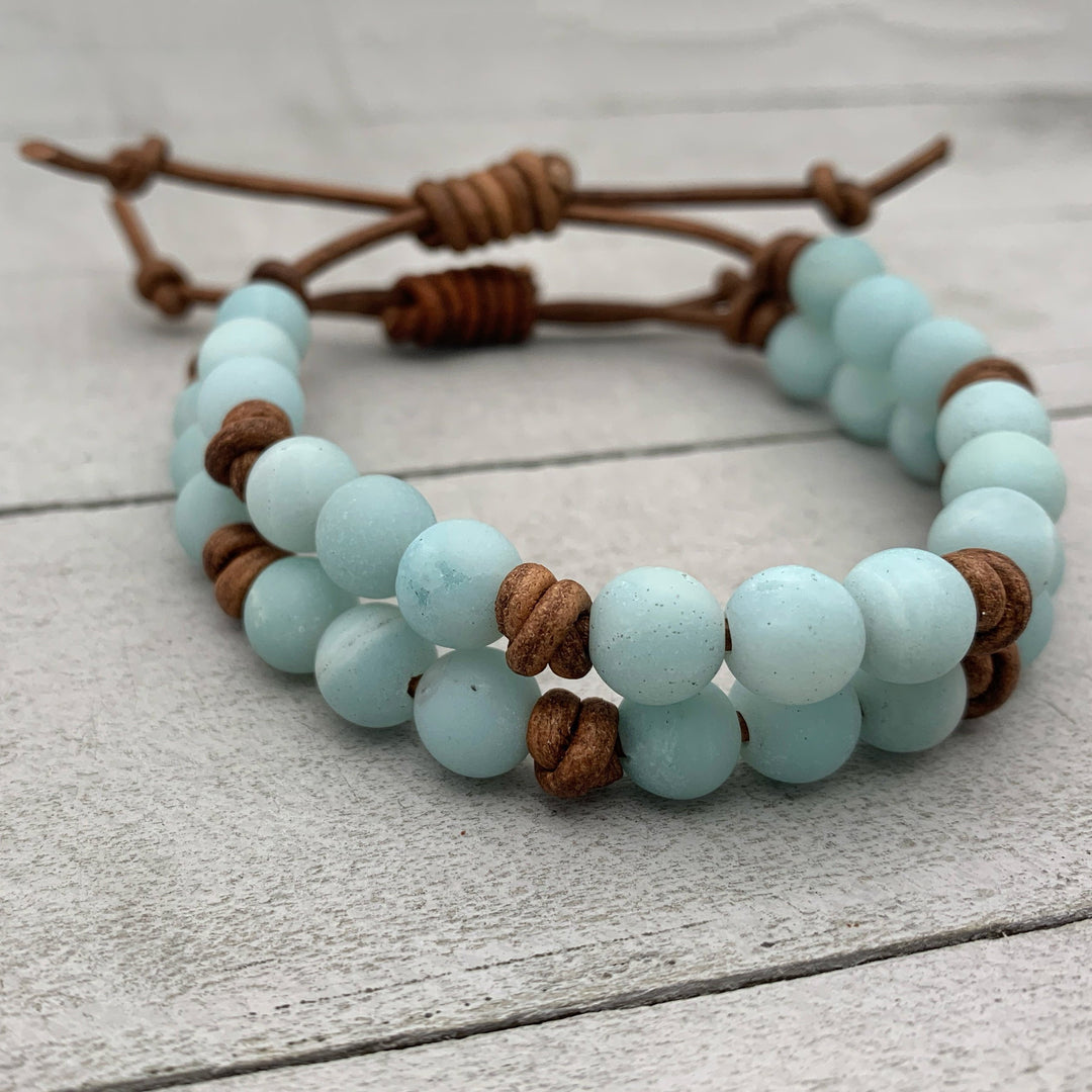 Blue Amazonite Gemstone and Rustic Brown Leather Bracelet. - SunlightSilver