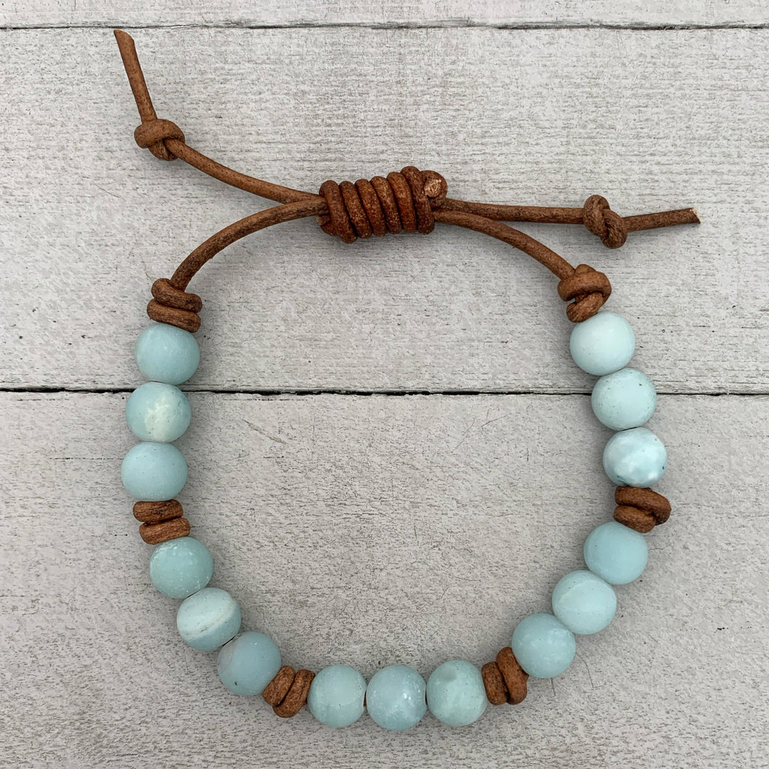 Blue Amazonite Gemstone and Rustic Brown Leather Bracelet. - SunlightSilver