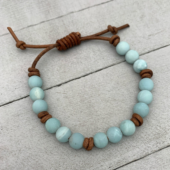 Blue Amazonite Gemstone and Rustic Brown Leather Bracelet. - SunlightSilver