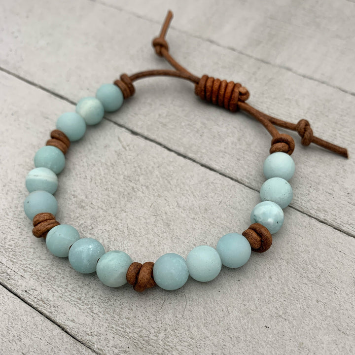 Blue Amazonite Gemstone and Rustic Brown Leather Bracelet. - SunlightSilver