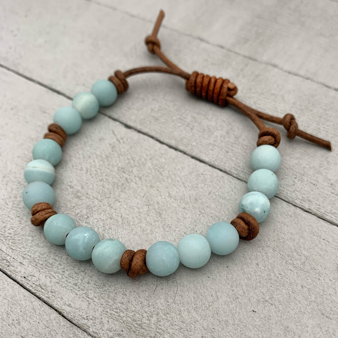 Blue Amazonite Gemstone and Rustic Brown Leather Bracelet - SunlightSilver