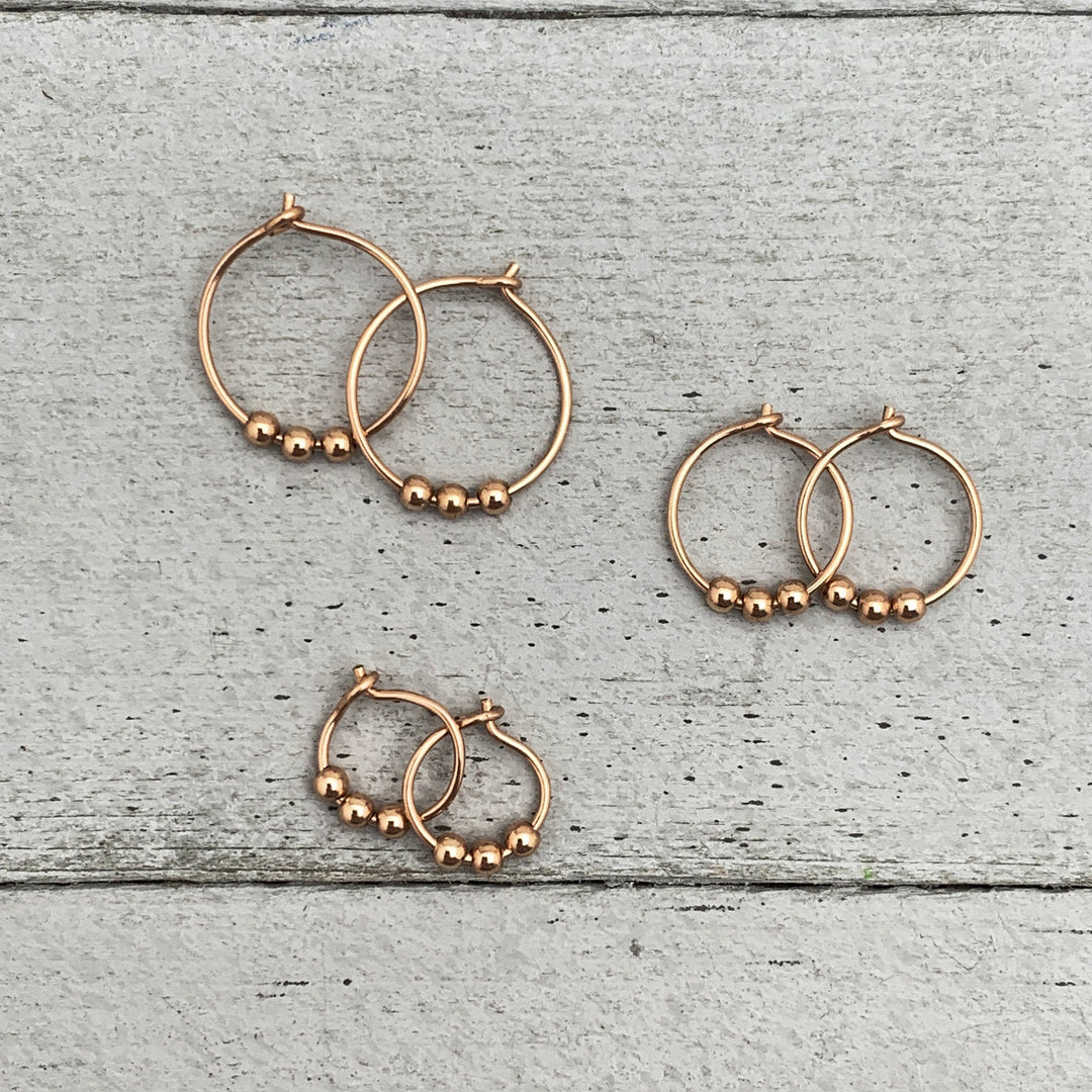 14k Rose Gold Fill Hoop Earrings with 3 Beads - SunlightSilver