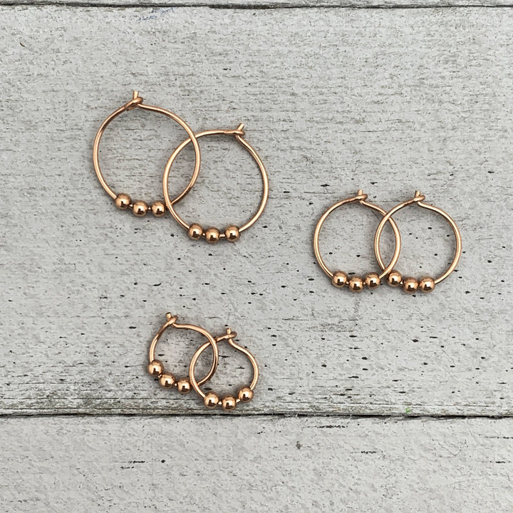 14k Rose Gold Fill Hoop Earrings with 3 Beads - SunlightSilver