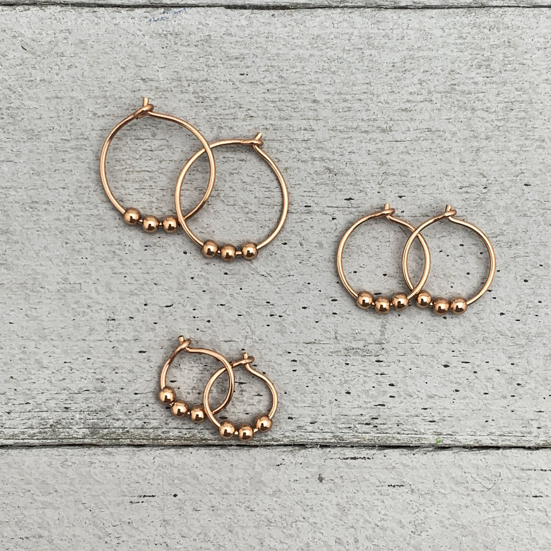 Small Rose Gold Hoops - 14k Small Sleeper Earrings - 3 Bead Minimalist Huggies - SunlightSilver