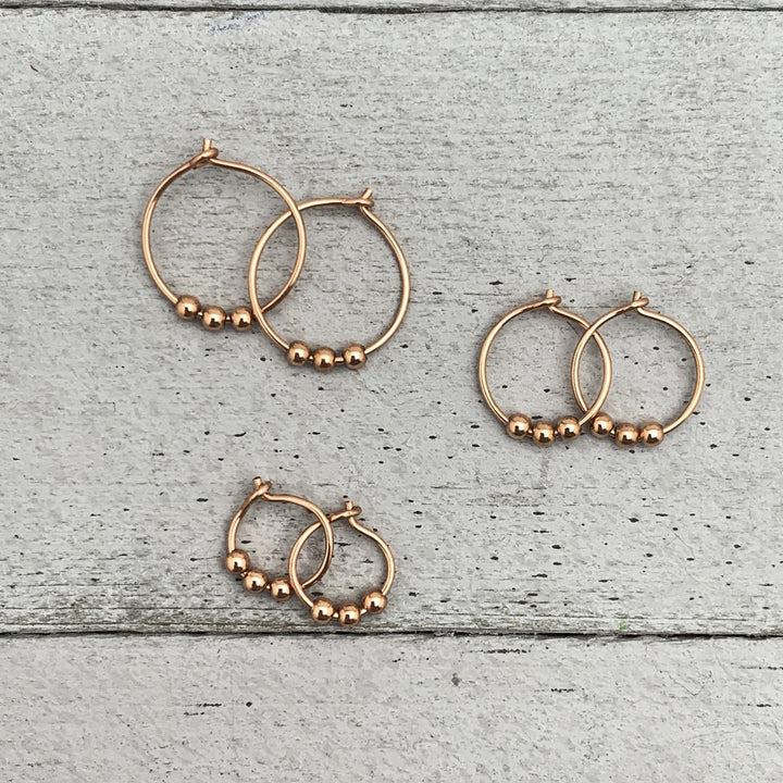 Small Rose Gold Hoops - 14k Small Sleeper Earrings - 3 Bead Minimalist Huggies - SunlightSilver