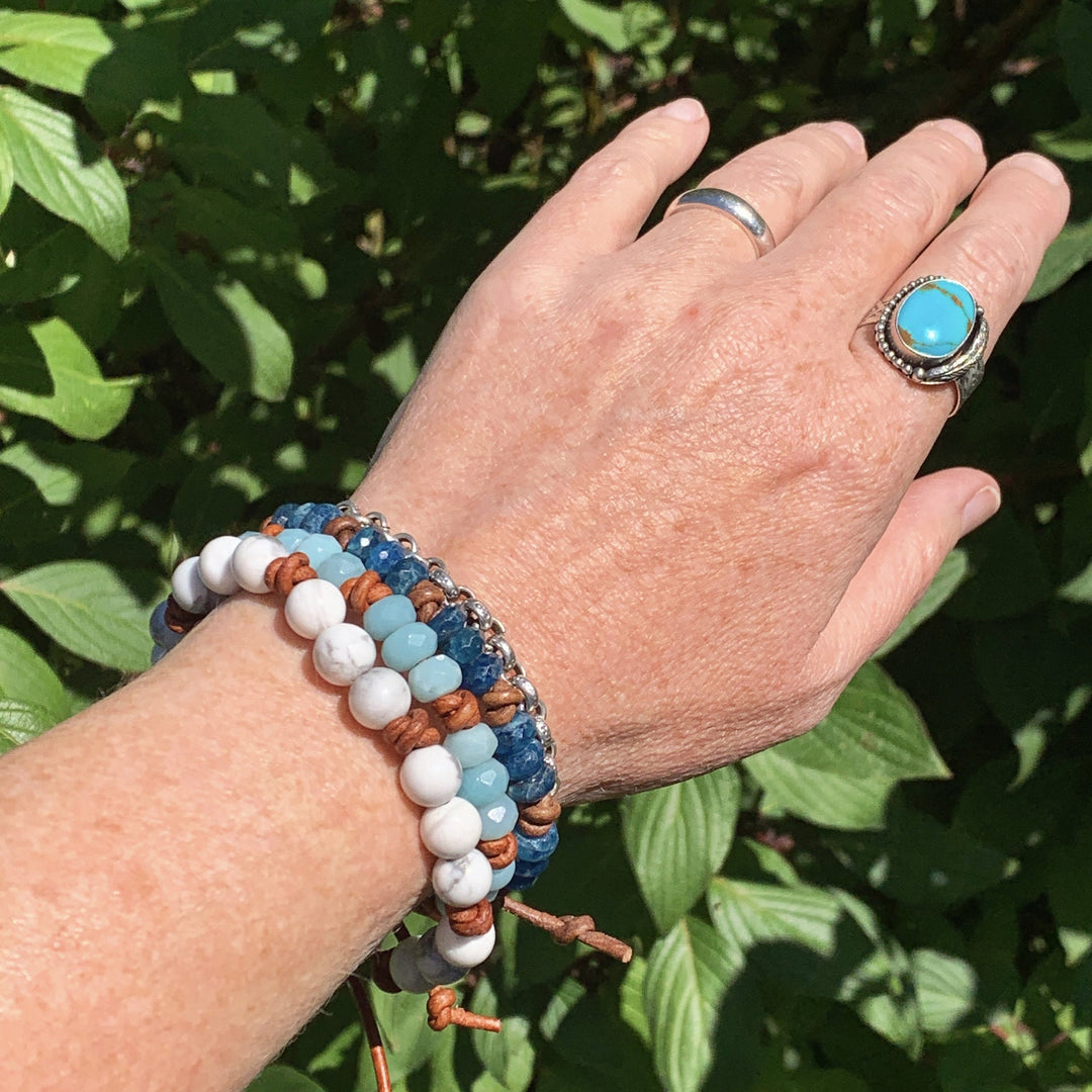 Howlite Gemstone and Rustic Brown Leather Stacking Crystal Bracelet - SunlightSilver