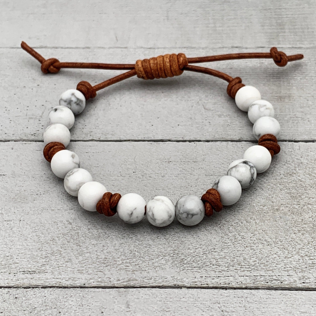 Howlite Gemstone and Rustic Brown Leather Stacking Crystal Bracelet - SunlightSilver