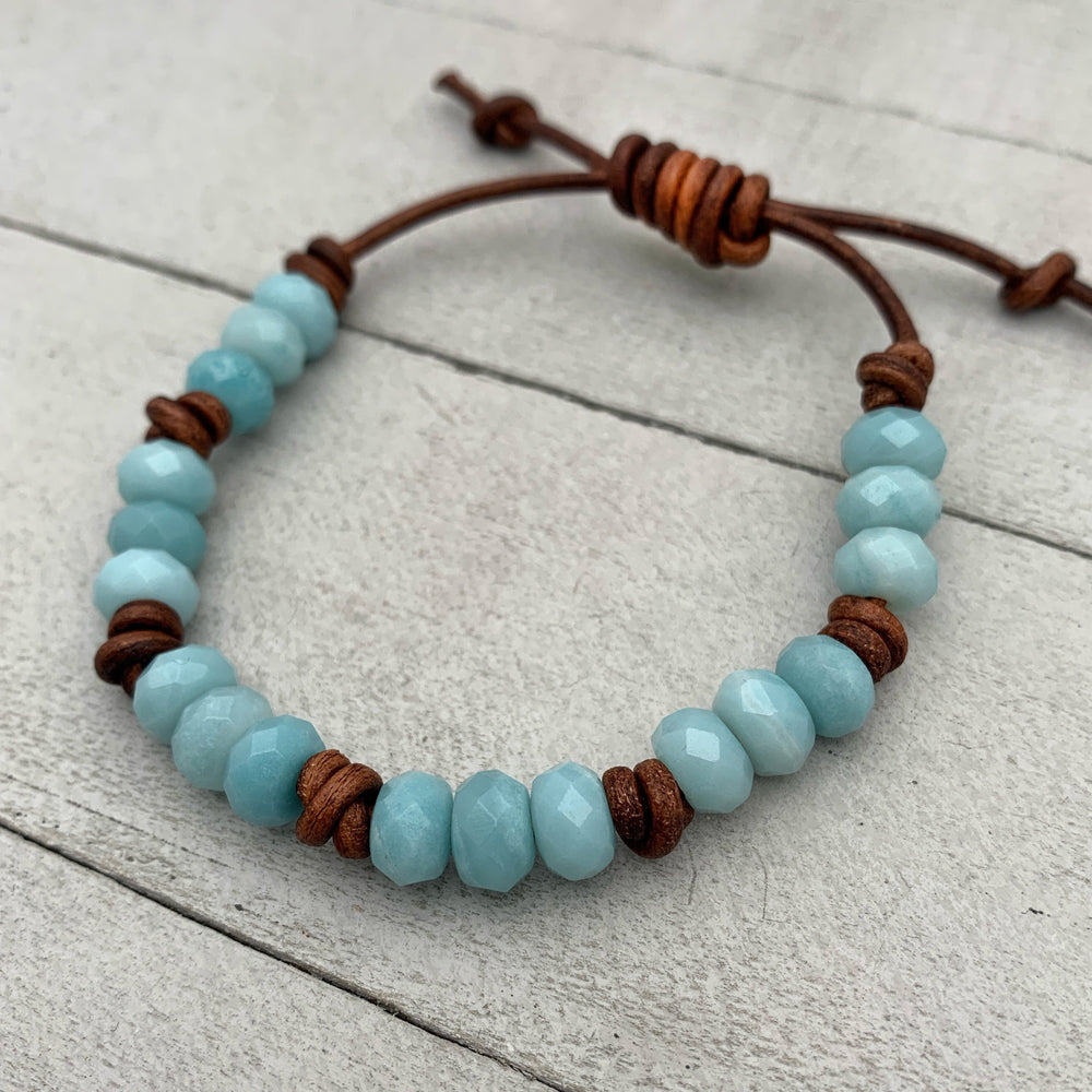 Amazonite and Rustic Brown Leather Bracelet - SunlightSilver