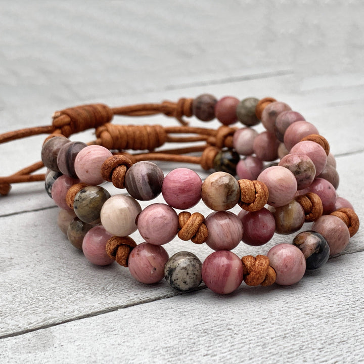 Rhodonite and Leather Gemstone Stacking Bracelet - SunlightSilver