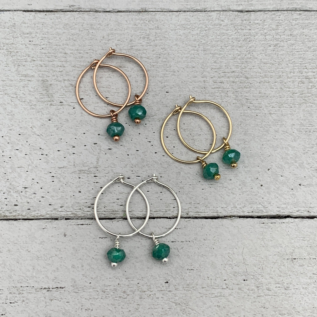 Green Onyx Charm Hoop Earrings. Available in Solid 925 Sterling Silver, 14k Yellow or Rose Gold Fill - SunlightSilver