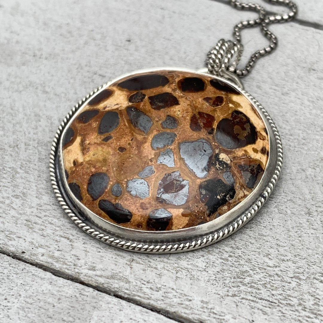 Bauxite and Sterling Silver Pendant Necklace. Animal Print Stone - SunlightSilver