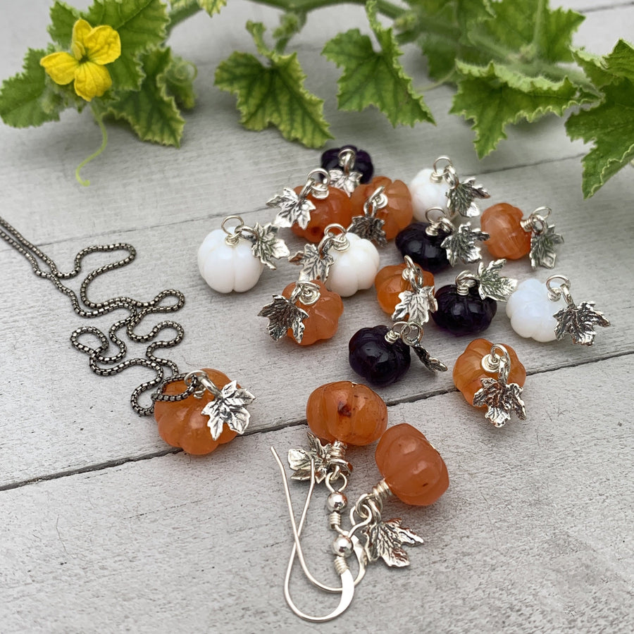 Gemstone Pumpkin Sterling Silver Necklace. Carnelian, Amethyst or Ghostly White Opal - SunlightSilver