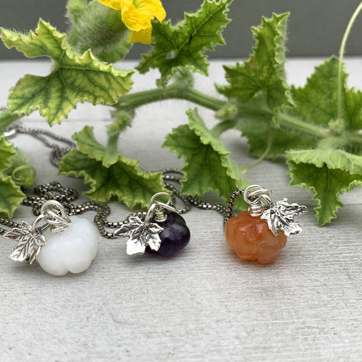 Gemstone Pumpkin Sterling Silver Necklace. Carnelian, Amethyst or Ghostly White Opal - SunlightSilver